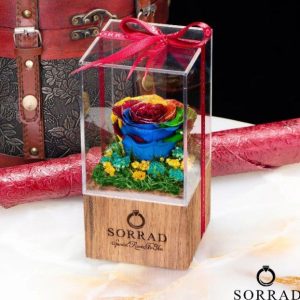 باکس چوبی زیرشکوفه دار / گل رز رنگین کمان