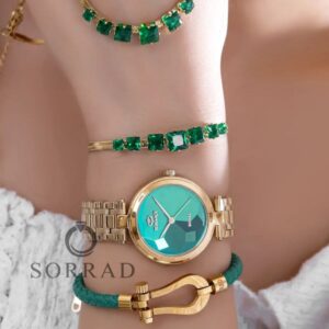 ساعت الگانس زنانه شیشه منشوری / ساده بند استیل رنگ طلایی صفحه سبز - Image 3