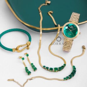 ساعت الگانس زنانه شیشه منشوری / ساده بند استیل رنگ طلایی صفحه سبز - Image 4