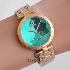 ساعت الگانس زنانه شیشه منشوری / ساده بند استیل رنگ طلایی صفحه سبز - Image 2